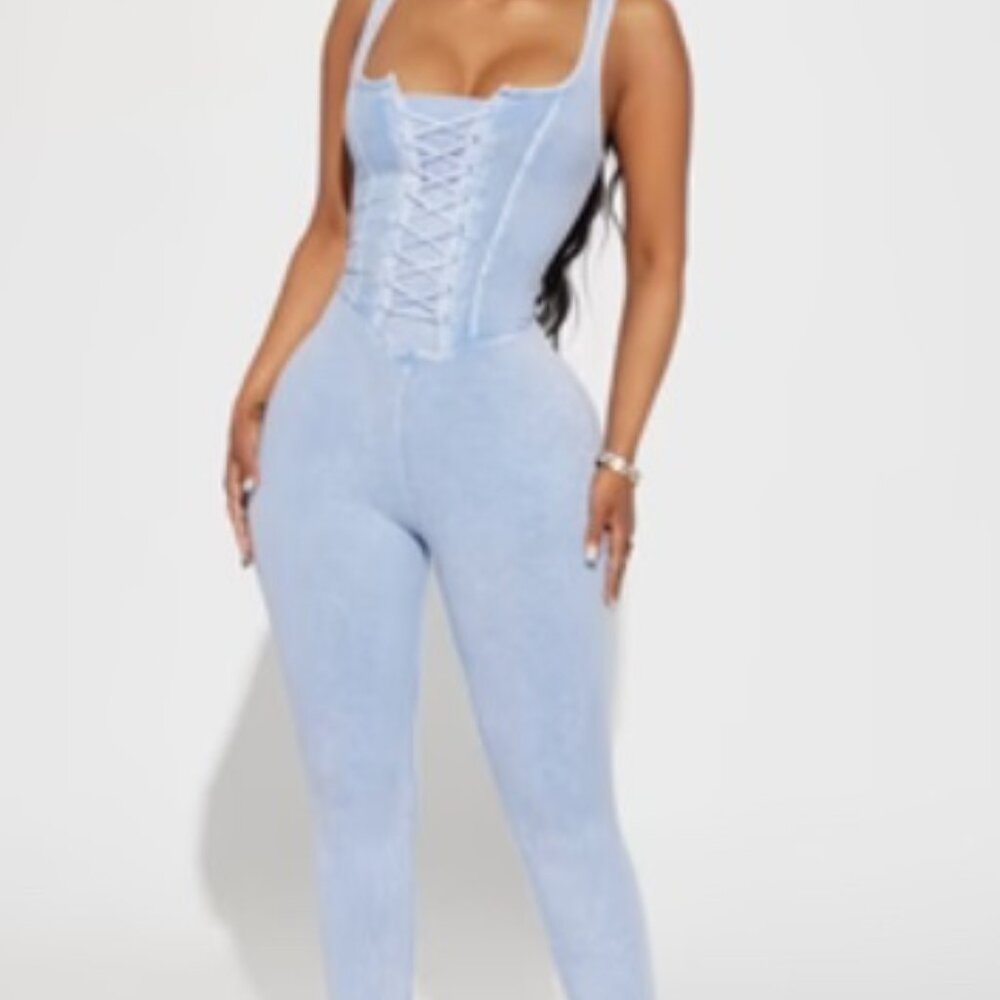 Tie Me Right Ribbed Jumpsuit - Blue Size: L